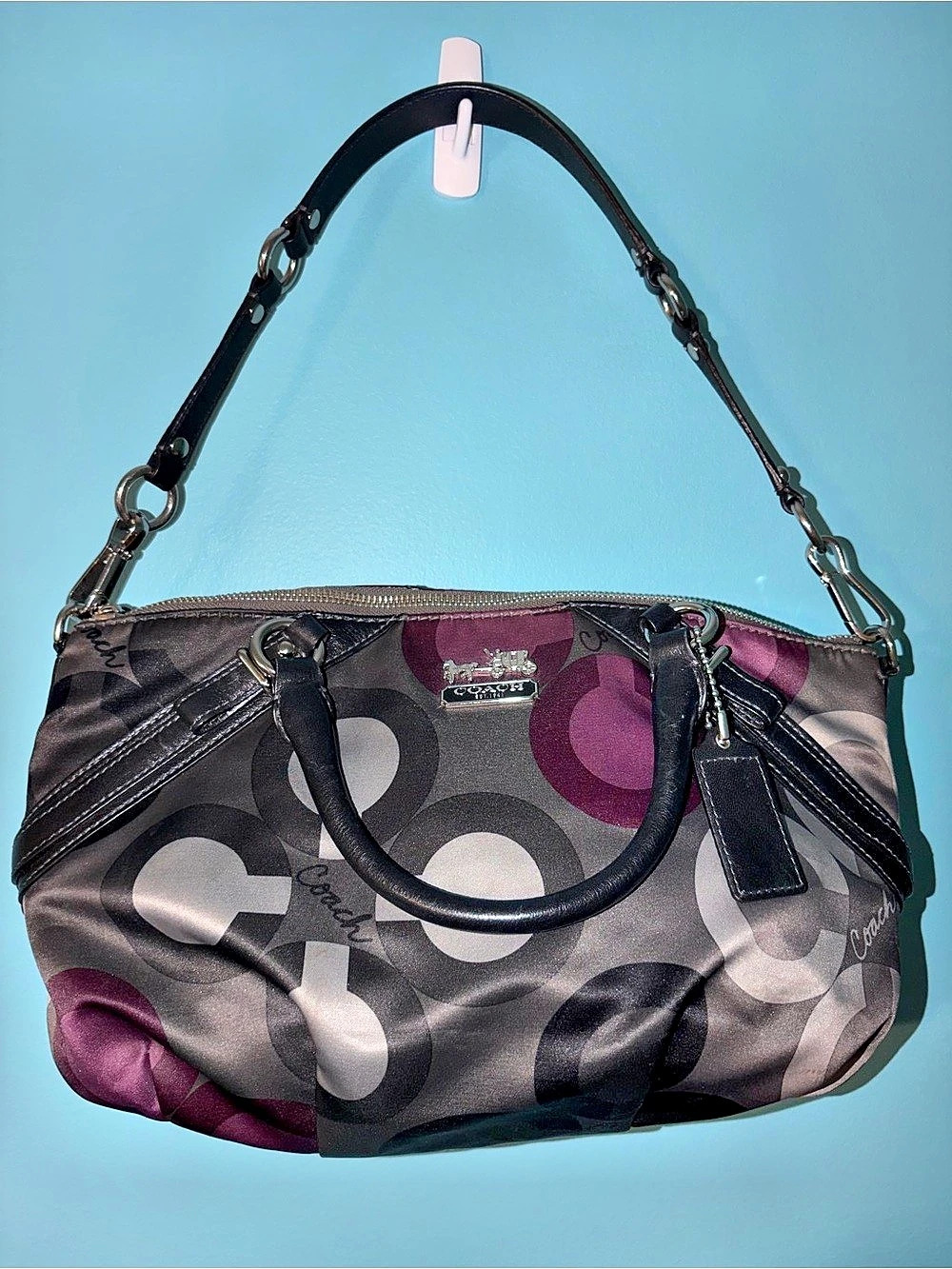 Coach Madison Sophia Sateen Clover Geometric Shoulder Bag in Black & Purple